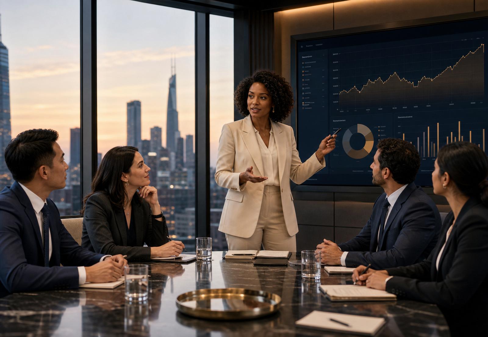 Senior executive presenting analytics strategy to leadership in a global boardroom